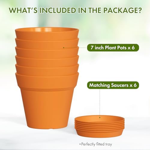 WSMKSZ 7 Inch Thick Plastic Plant Pots with Drainage Holes and Trays – 6 Pack Nursery Pots for Indoor & Outdoor House Plants, Seedling Starter Planters for Garden Flowers, Terracotta - Image 5