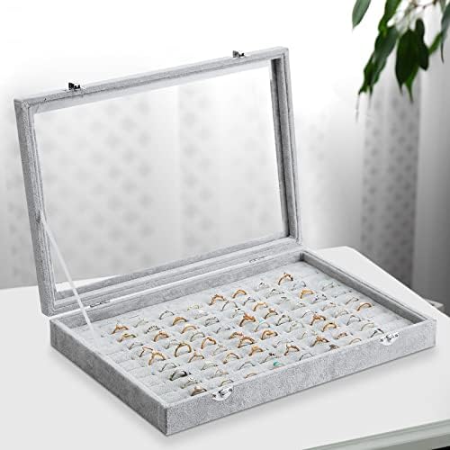 Yinkin 2 Pcs 100 Slots Ring Organizer Box with Transparent Glass Lid Necklace Display Tray Ring Case Velvet Jewelry Holder (Gray) - Image 6