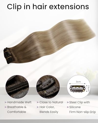 LaaVoo Clip in Hair Extensions Real Human Hair Brown Blonde Balayage - Image 3