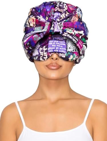 Double Layer Satin Bonnet with Eye Mask Adjustable Silk Sleep Cap Turban Style Hair Wrap for Curly Hair Purple Animals by Vettres
