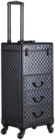 OmySalon Rolling Makeup Train Case with 3 Drawers, Cosmetology Case on Wheels w/Pull Handle and Removable Wheels, Large Cosmetic Organizer Storage Box for Nail Tech, Makeup Artist, Hairstylist(Black) by OmySalon