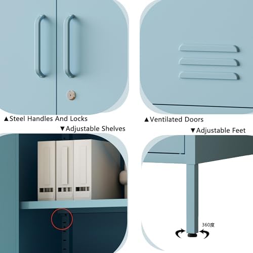Blue Metal Storage Cabinet with Lock, 47.5" Wide Ventilated Door Locker, 2 Adjustable Shelves, Heavy Duty Home Accent Cabinet for Living Room Kitchen Office Study - Image 5