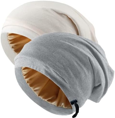 2 Pcs Adjustable Silk Hair Bonnet for Sleeping, Satin Lined Sleep Cap for Women and Men, Silk Hair Wrap Slouch Beanie. by Unknown