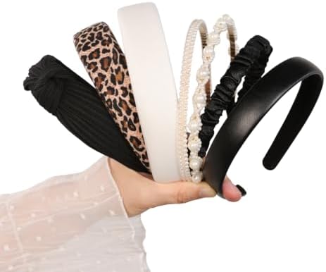 7 Pcs Headbands for Women Girls, Non Slip Cute Pearl Floral Padded Vintage Wide Fashion Multi-style Headbands for Girls (Leopard A) - Image 2