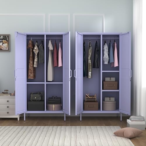 Lockable Metal Armoire Wardrobe Closet, 67 Inch Steel Clothing Storage Cabinet, Hanging Rod and Adjustable Shelves, Purple 2 Door Storage Cabinet for Bedroom Cloak Room Office Gym - Image 6
