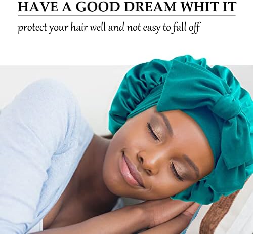 Satin Silk Hair Bonnet for Sleeping Large Bonnets with Tie Band Wrap with Adjustable Straps Night Sleep Caps for Women Curly Braid Hair Dark Turquoise - Image 2
