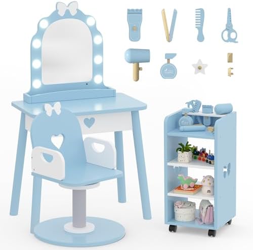 Wooden Kids Vanity Table and Chair Set with Light and Mirror, Princess Makeup Vanity Desk with Barber Chair and Rolling Cart, Pretend Hair Salon Play Set, Toddler Vanity Set for Girls, Blue - Image 2