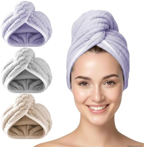 3 Pack Microfiber Hair Towel Wrap for Women, Fast Drying Hair Turban with Button, Anti-Frizz Large Hair Towel for All Hair Styles, Soft & Absorbent Hair Drying Towel by YHPDYL