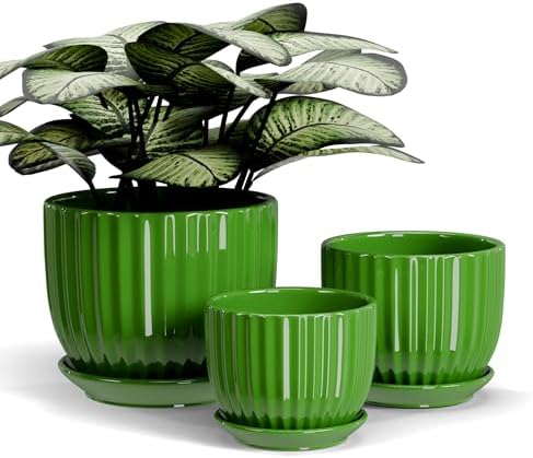 Green Plant Pots,Ceramic Planters with Drainage Holes & Saucers Set of 3 by TonSin