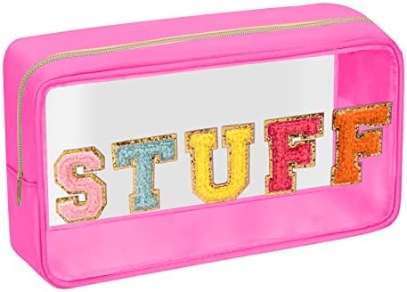 Iqimott Clear Patch Makeup Bag Stuff Pouch, Preppy Personalized Chenille Letter Cosmetic Pouch for Travel, Nylon Waterproof Travel Essentials Zipper Toiletry Bags for Women Girls(STUFF, RoseRed) by Iqimott
