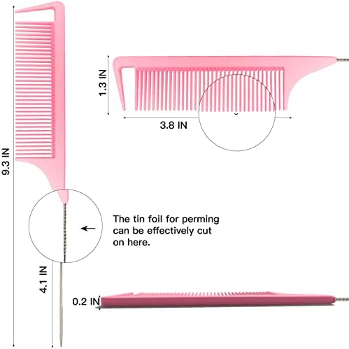9.3'' Rat Tail Comb for Hair Stylist, Parting Combs for Braiding hair, Rattail Comb with Metal Stainless Steel Pintail for Sectioning, Teasing and Styling (Pink) - Image 2
