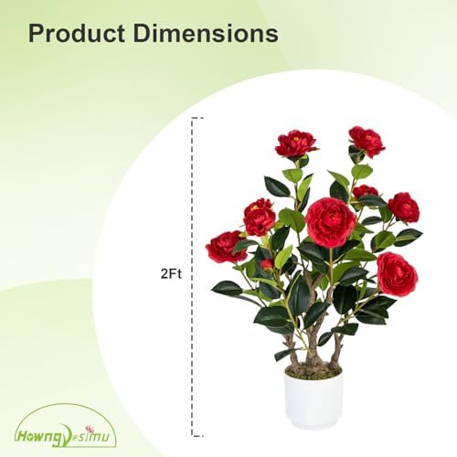 2 Pack Artificial Camellia Tree with White Pot, 24" Faux Potted Plants for Indoor Outdoor Decor, Tall Silk Greenery Plant for Home Office Living Room Balcony, Red - Image 3