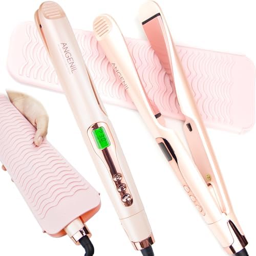 ANGENIL Pro Hair Straightener and Curler 2 in 1, Twist Flat Iron Hair Straightener for Women, Dual Voltage Round Pink Flat Iron with Anti-Scalding Silicone Mat, 11 Adjustable Temp for All Hair Types by ANGENIL