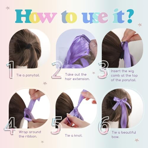 Rainbow Curly Hair Extensions with Ribbon for Halloween, 10 PCS - Image 5