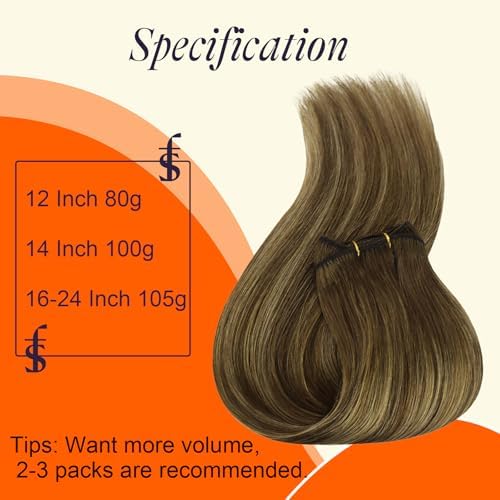 Full Shine Weft Hair Extensions Human Hair Medium Brown and Blonde 12 Inch 80g - Image 4