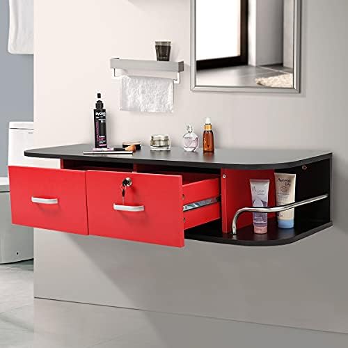 RESHABLE Wall Mount Salon Station with Locked Drawers,Black and Red - Image 3