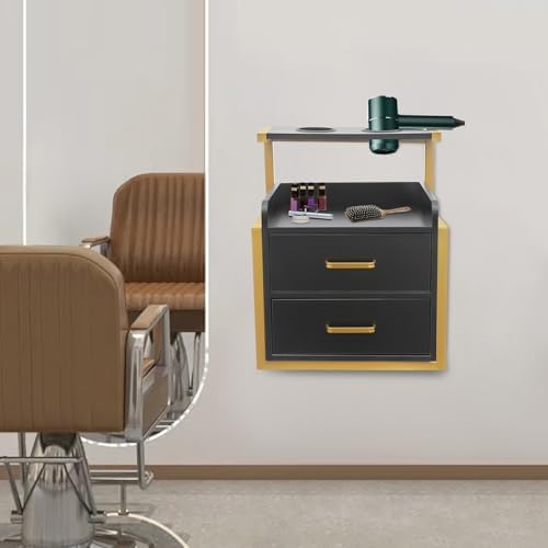 Bepritm Suspended Salon Station, Wall Mounted Salon Cabinet with 2 Drawers & Hair Dryer Stand, Wall Mounted Salon Storage Cabinet for Hair Salon, Bathroom, Bedroom (Gold+Black) - Image 7