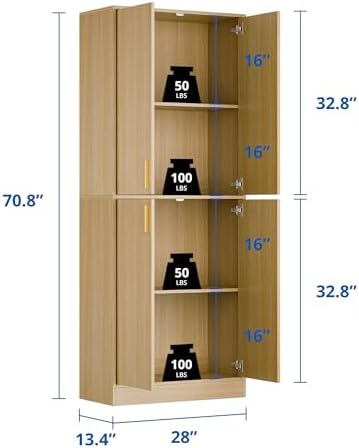 Cozy Castle Kitchen Pantry Cabinet, 71" Tall Wood Cupboard with Doors and Adjustable Shelves, Freestanding Food Storage Organizer for Dining Room, Kitchen, Living Room, Oak - Image 2