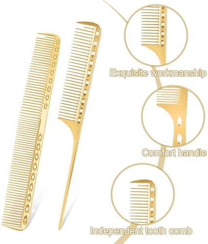 4 Pcs Comb Space Aluminum Hair Styling Comb Professional Set Stainless Steel Anti-static Flat Iron Fine Tooth Combs Metal Parting Combs for Women Men Supplies Beauty Tool(Golden) - Image 3