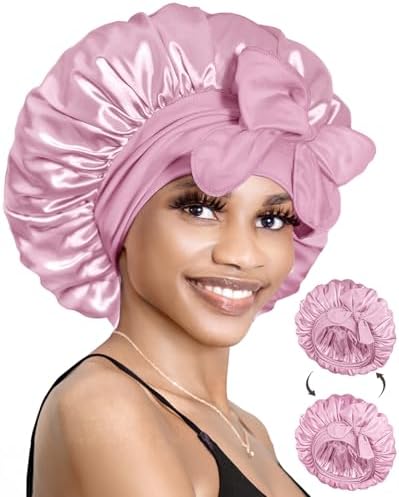 BONNET QUEEN Reversible Silk Satin Sleeping Bonnet for Women Double Layer Adjustable Curly Braids Wig Hair Night Sleep Hat Cap Tie Band M Rose by BonnetQueen
