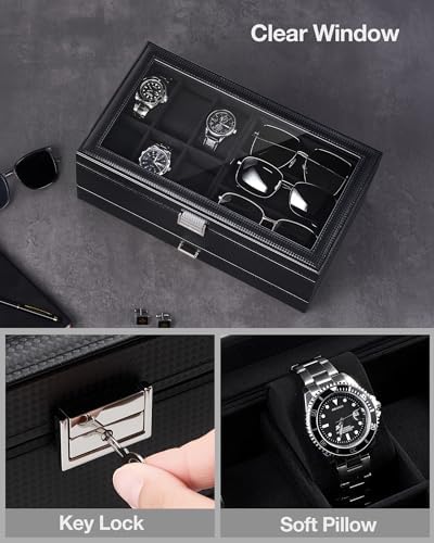 ProCase Mens Jewelry Box,6 Slot Watch Box & 3 Slot Sunglass Holder-AllBlack - Image 5