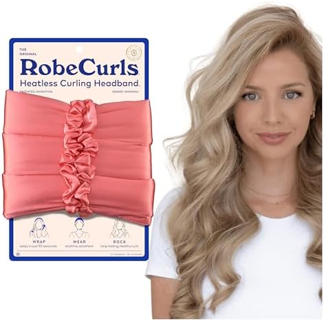 RobeCurls Original Heatless Hair Curler Set with 2 Scrunchies - Patented Satin Curling Headband with Wire Hold for Heatless Curls Overnight - Gentle Hair Curlers to Sleep In for Women & Kids, Guava by RobeCurls