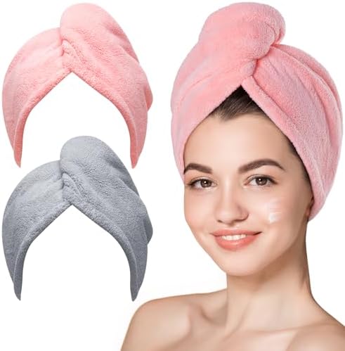 Hicober Microfiber Hair Towel Wrap for Women,Quick Dry, Pink Grey, 2-Pack by Hicober