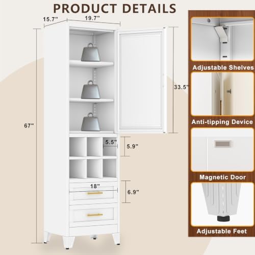 67" Tall Metal Pantry Cabinet, Narrow Freestanding Storage Cabinet, White - Image 3