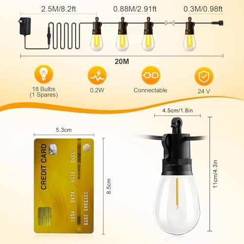 Outdoor String Lights Patio LED - Light Outside Waterproof S14 Porch Lighting Edison Plastic Bulb Pergola Hanging Balcony Connectable Backyard Yard Gazebo Party Garden Bistro 20M 65FT - Image 2