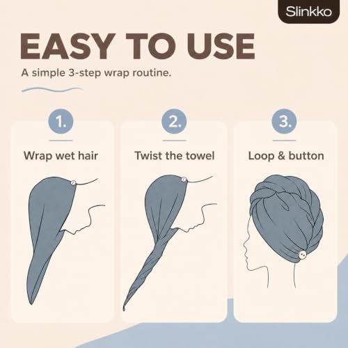 Microfiber Hair Towel Wrap for Women – Ultra Absorbent Quick Dry Turban | Button & Loop Design | Soft Lightweight Fabric | Reduces Frizz & Breakage | All Hair Types | Blue & Grey - Image 5