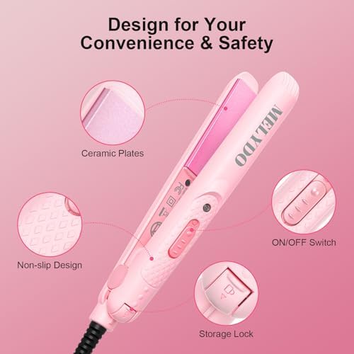 Mini Flat Iron for Travel, 0.7 Inch Small Hair Straightener for Short Hair & Bangs, Fast Heat Up 2-in-1 Straightening & Curling Iron, Dual Voltage Portable Mini Straightener with Pouch (Pink) - Image 5