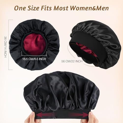 2PCS Bonnets for Sleeping Double Layer Satin Silk Bonnet for Sleeping Women Adjustable Sleep Cap Elastic Wide Band Hair Bonnet for Curly Hair（Wine+Leopard） - Image 3
