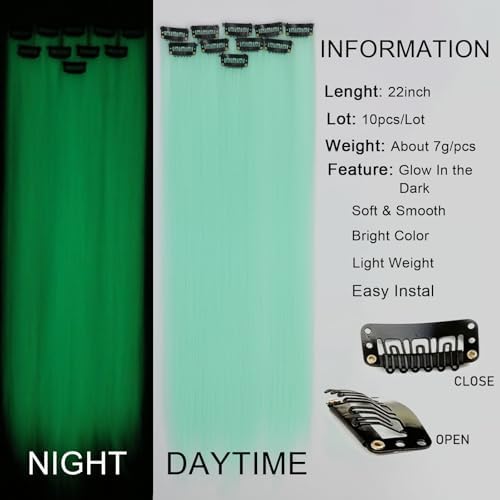 Ms Aloe Glow in the Dark Hair Extensions Clip Ins Teal Colored Hair Extensions 22inch Long Straight Synthetic Hairpieces Glow in the Dark Hair Accessories for Women - Image 2