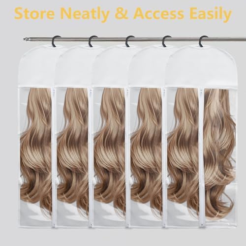 5Pcs 31.5in Hair Extension Holder Wig Storage Bag with Hanger, White - Image 6