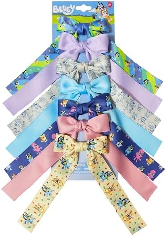 Bluey Printed Long Tail Hair Bow Set for Girls – 7-Pack Printed Bows with Alligator Clips – Cute Hair Accessories for Kids Ages 3+ by LUVHERKIDS