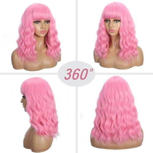 Sebast Pastel Bob Wigs with Bangs for Women Loose Wavy Wig Pastel Wavy Shoulder Length Bob Synthetic Cosplay Wig for Girl Colorful Costume Wigs (Pink) - Image 4