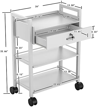 Paddie Salon Trolley Cart, Wooden Mobile Utility Cabinet Lab Cart with 1 Drawer 2 Trays, Rolling Storage Station Beauty Salon Rolling Trolley for Beauty Spa (White) - Image 7