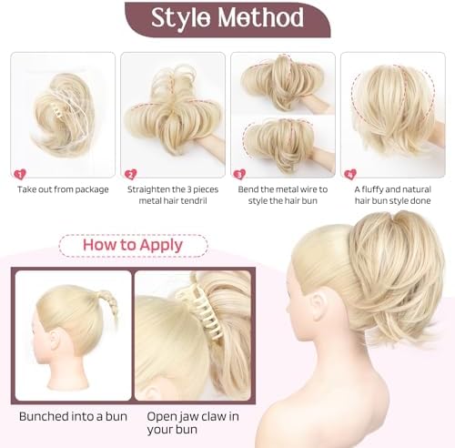 HOOJIH Ponytail Extension, Claw Clip in Straight Hair Bun Messy Bun 9 Inch Short Ponytail Extension with Bendable Metal Wire Hair Pieces for Women Fake Hair Bun - Blonde with White Highlights - Image 4