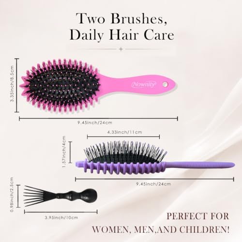 2 Pack Detangling Hair Brush Set with Boar Bristle Brush & 2 Cleaning Brushes, Wet & Dry Hair Brushes for Curly, Wavy, Thick Hair, Gentle No-Pull Detangler for Women, Kid (Pink+Purple) - Image 4