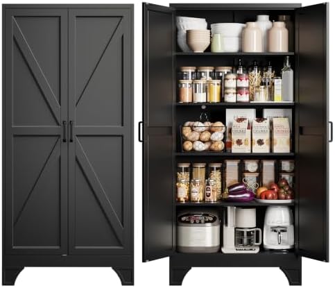 Yizosh 75" Black Metal Pantry Storage Cabinet,Garage Tool Storage Cabinets by Yizosh