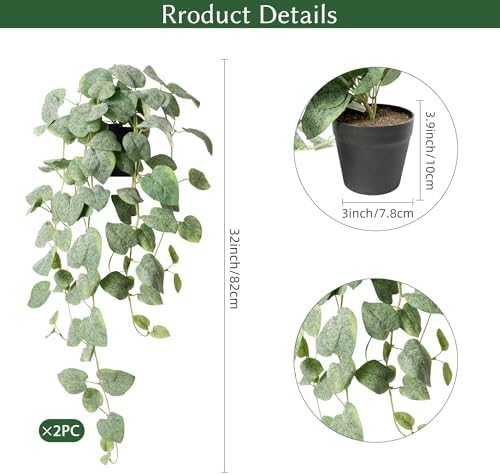 Artificial Plants Indoor - 2Pc Fake Hanging Plants with Pots, Modern Faux Pothos Ivy Plant for Outdoor, Artificial Silk Plant Greenery for Home Window Shelf Decor, White Green 33In - Image 2