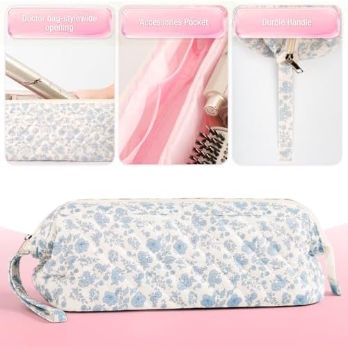Quilted Hair Tool Travel Bag, Shark Flex Style Travel Case For Dyson Hair Dryer Airwrap Bag, Curling Iron Bags Quilted For Shark Dyson Revlon Organizer Accessories (Blue flowers) - Image 4