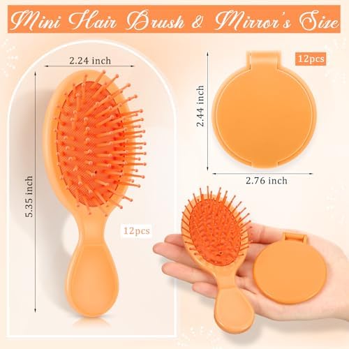 Meanplan 24 Pcs Mini Hair Brush Set 12 Travel Wet Dry Hair Combs Pocket Detangling 12 Compact Folding Makeup Mirrors for Spa Sleepover Birthday Bridal Shower Bachelorette Christmas Party Gift(Orange) - Image 2