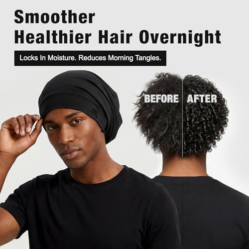 2PCS Silk Bonnet for Sleeping for Hair, Satin Lined Sleep Cap for Women Men, Adjustable Beanie Hair Wrap (03 Black/Black) - Image 3