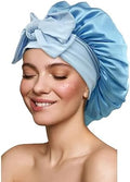 Satin Silk Hair Bonnet for Sleeping Large Bonnets with Tie Band Wrap with Adjustable Straps Night Sleep Caps for Women Curly Braid Hair Sky Blue by GiLi