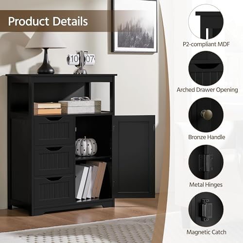 Yaheetech Large Freestanding Bathroom Storage Cabinet with 3 Drawers, Black - Image 5