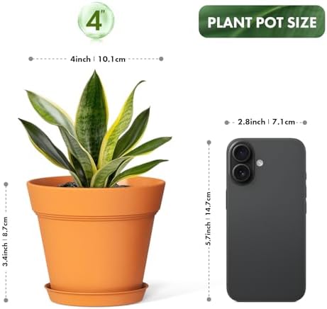 WSMKSZ 4 Inch Plastic Plant Pots with Drainage Holes and Trays – 8 Pack Small Nursery Pots for Indoor & Outdoor House Plants and Flowers, Seedling Starter Planters, Terracotta - Image 3