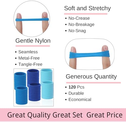 LuSeren 120 Pcs Blue Hair Ties for Women, No Damage Soft Seamless Nylon Hair Elastics for Thick Hair, Ponytail Holders, 3 Gradient Blue Hair Accessories - Image 3