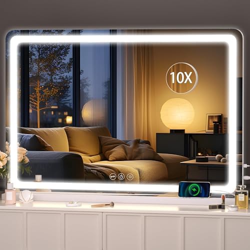 Hasipu Vanity Mirror with Lights, 37.4" x 26" LED Makeup Mirror, Lighted Makeup Mirror with Dimmable 3 Modes, Touch Screen Control Vanity Mirror Round White by Whatssuitableisthebest