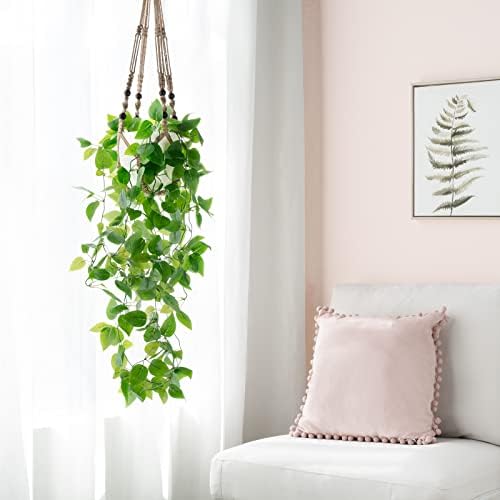 Mkono Fake Hanging Plant, Macrame Hanger with Pothos Vines & Pot, Brown - Image 4